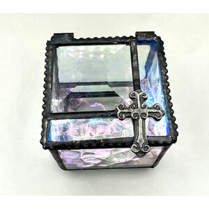 Vintage Glass Rosary Box Handmade Iridescent Art Glass with Cross J. Devlin 2"